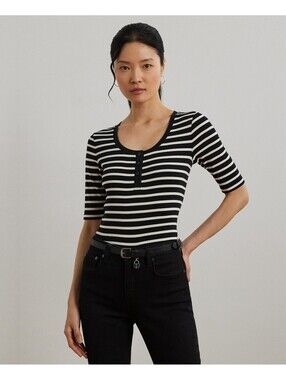 Lauren Ralph Lauren Striped Elbow-sleeve Henley Top Women's Clothing Size L